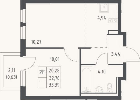 Планировка: 2-к, 32,8 м²
