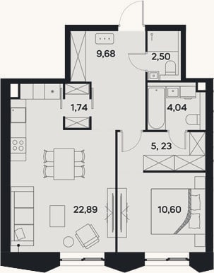 Планировка: 2-к, 56,7 м²