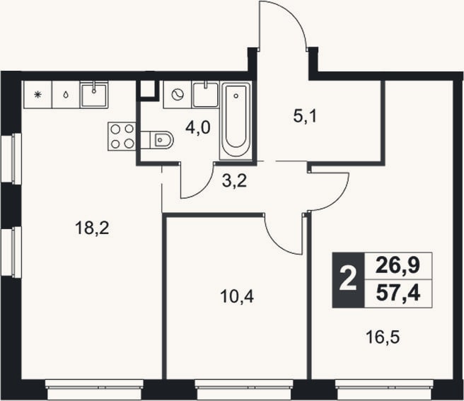 Планировка: 3-к, 57,4 м²