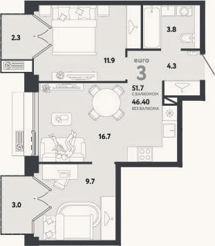Планировка: 3-к, 46,4 м²