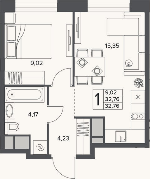 Планировка: 1-к, 32,8 м²