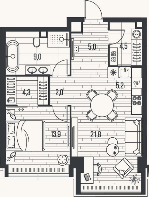 Планировка: 2-к, 65,7 м²