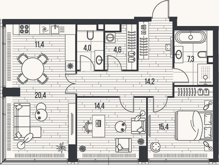 Планировка: 3-к, 91,7 м²