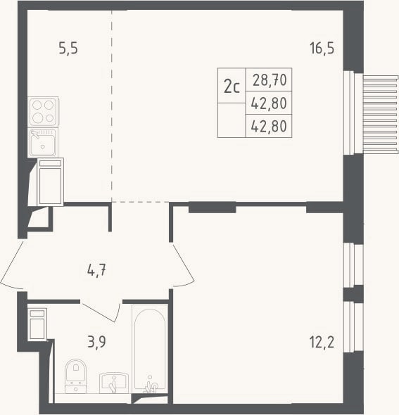 Планировка: 2-к, 42,8 м²