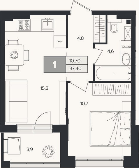 Планировка: 1-к, 35,5 м²