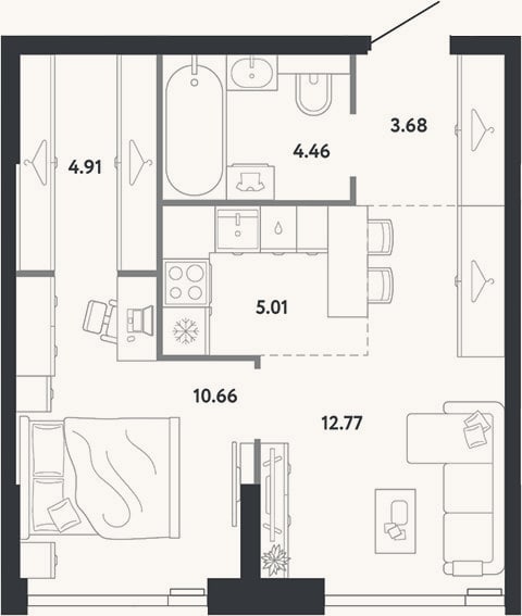 Планировка: 1-к, 41,5 м²