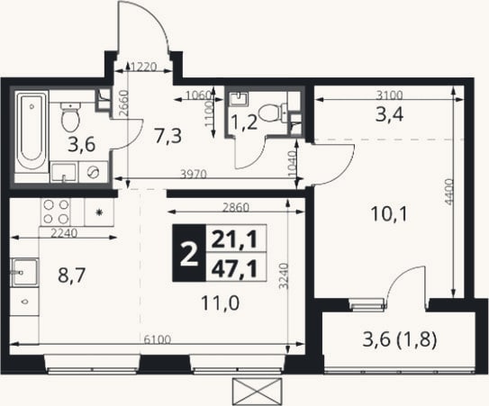 Планировка: 2-к, 45,3 м²