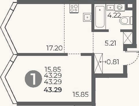 Планировка: 1-к, 43,3 м²
