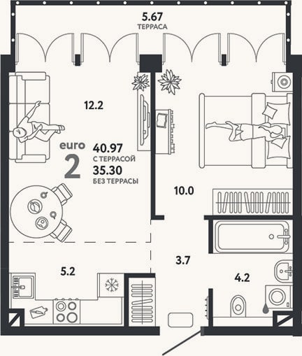 Планировка: 2-к, 35,3 м²