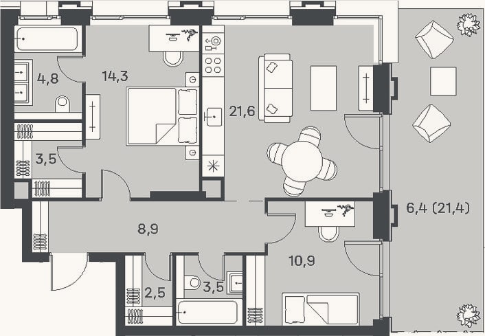 Планировка: 3-к, 70 м²