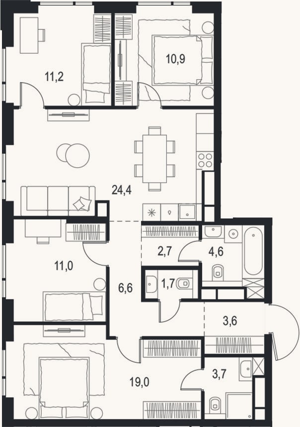 Планировка: 4+ к, 99,4 м²