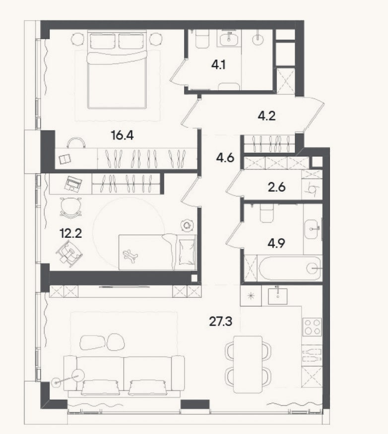 Планировка: 3-к, 77,2 м²