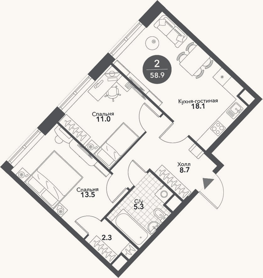 Планировка: 3-к, 58,9 м²