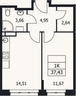 Планировка: 1-к, 37,4 м²