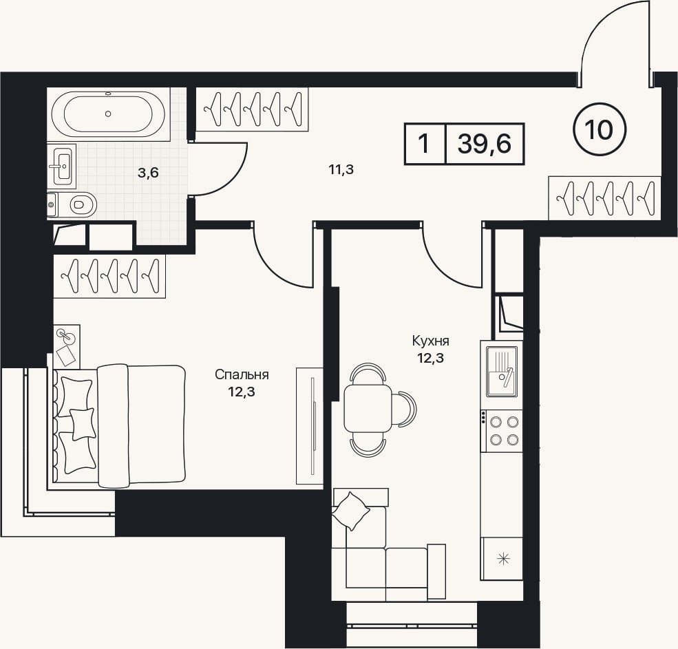 Планировка: 1-к, 39,6 м²