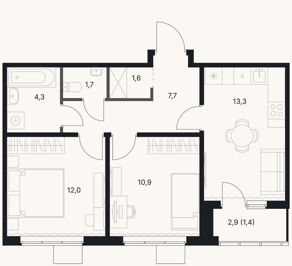 Планировка: 2-к, 51,5 м²