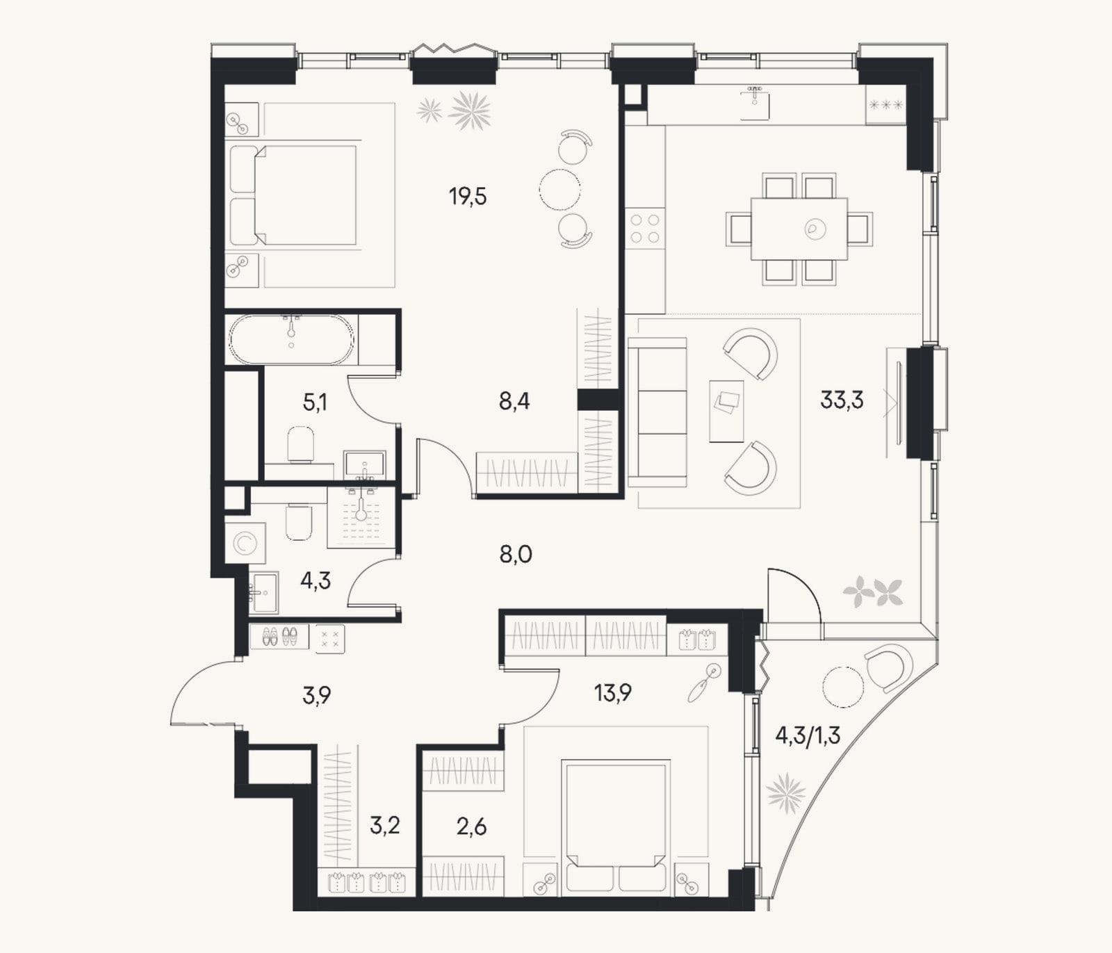 Планировка: 3-к, 102,2 м²