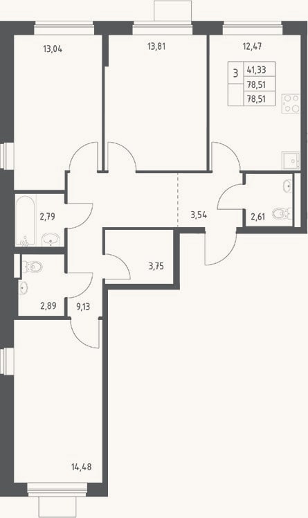 Планировка: 3-к, 78,5 м²