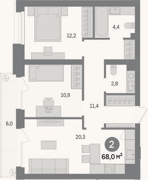 Планировка: 2-к, 62 м²
