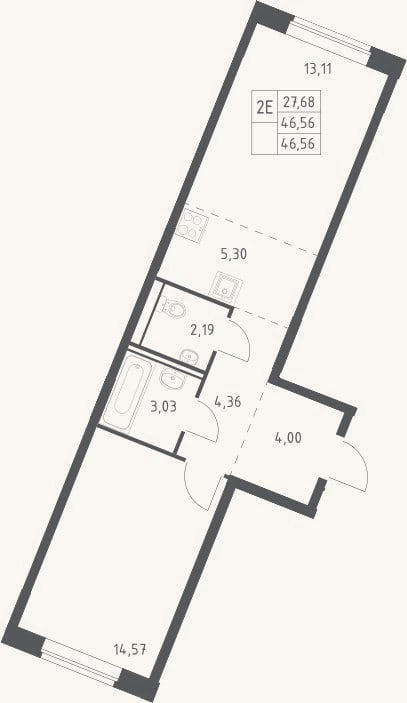 Планировка: 2-к, 46,6 м²