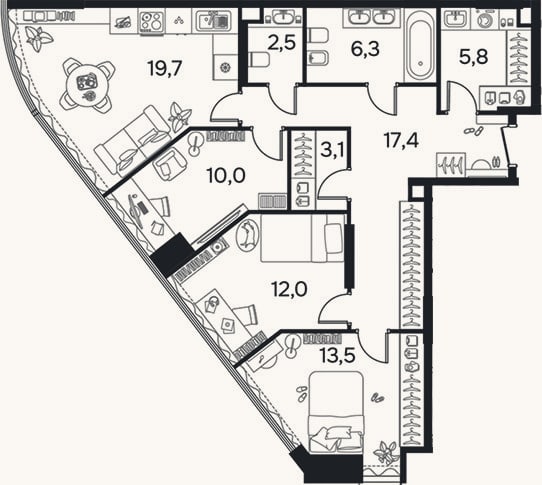 Планировка: 3-к, 89,8 м²