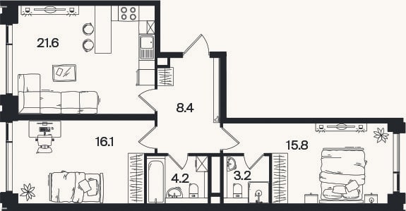 Планировка: 3-к, 69,3 м²