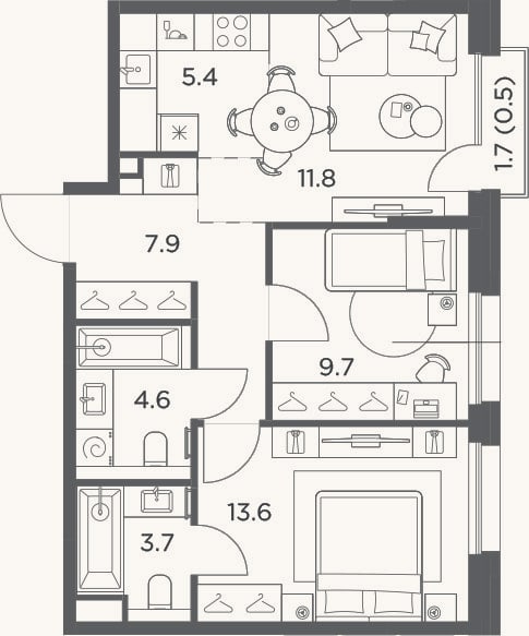 Планировка: 3-к, 56,7 м²
