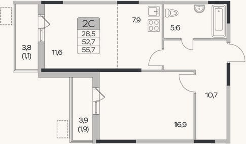 Планировка: 2-к, 52,7 м²