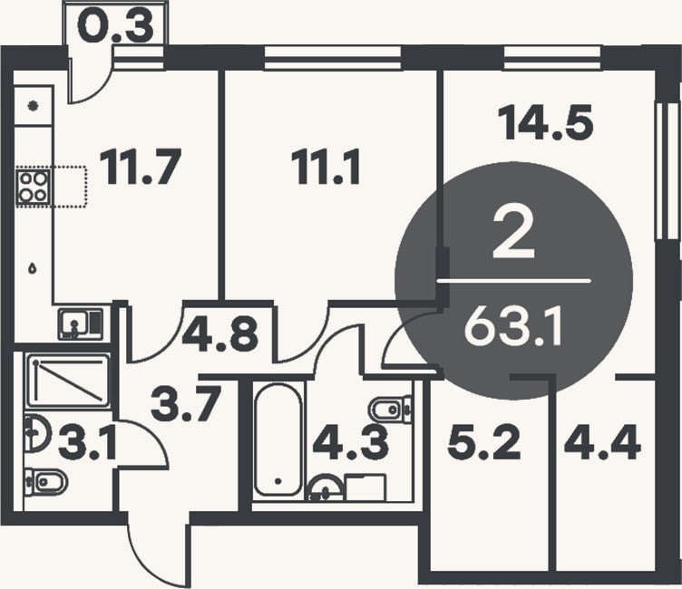 Планировка: 2-к, 62,8 м²