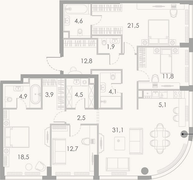Планировка: 4+ к, 139,9 м²