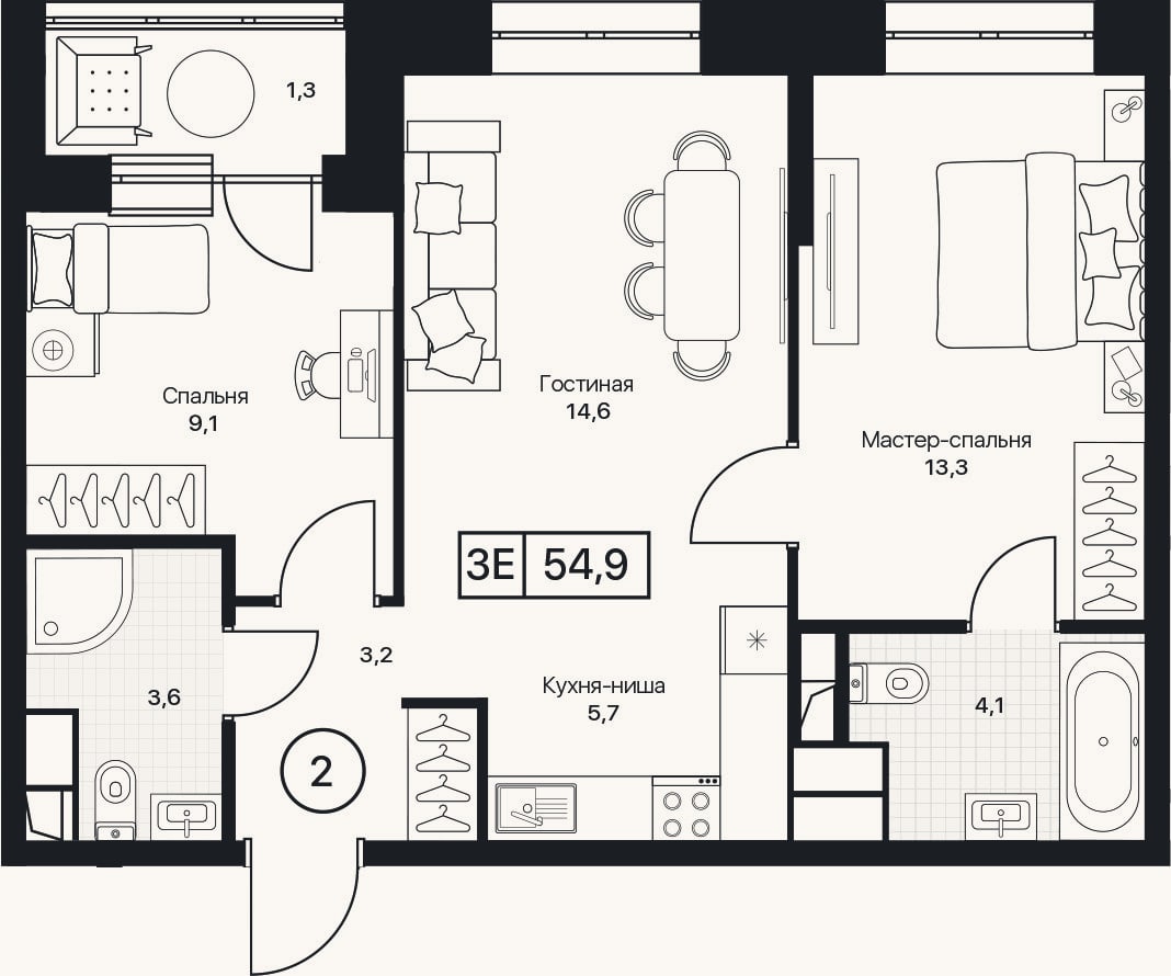 Планировка: 3-к, 53,6 м²