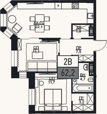 Планировка: 2-к, 62,6 м²