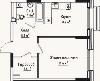 Планировка: 1-к, 39,3 м²