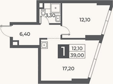 Планировка: 1-к, 39 м²