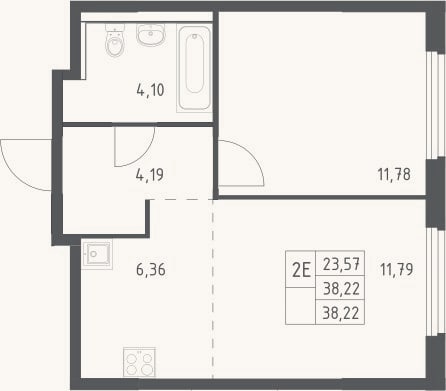 Планировка: 2-к, 38,2 м²
