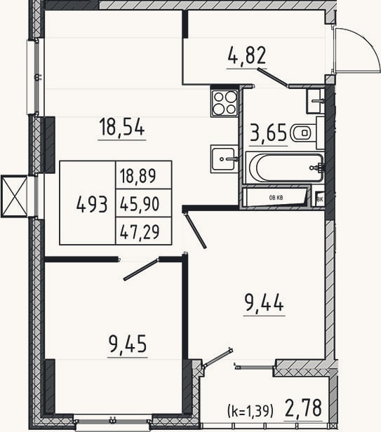 Планировка: 3-к, 45,9 м²