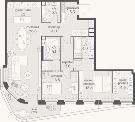 Планировка: 2-к, 92,6 м²