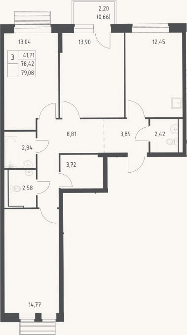 Планировка: 3-к, 78,4 м²