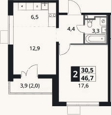 Планировка: 2-к, 44,7 м²