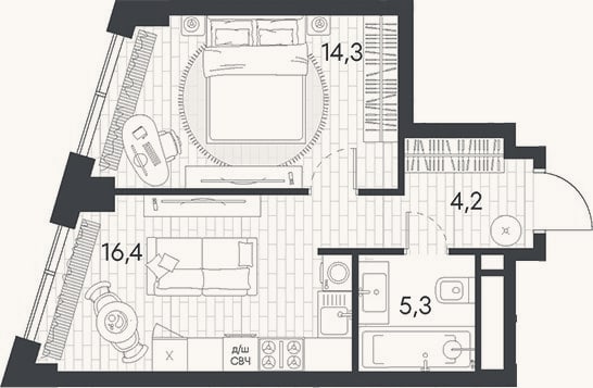 Планировка: 1-к, 40,2 м²