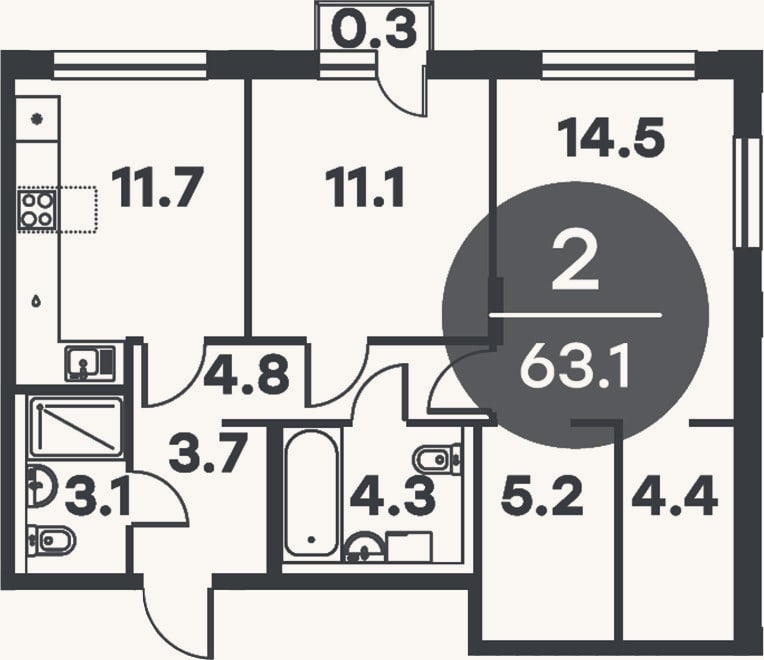 Планировка: 2-к, 62,8 м²
