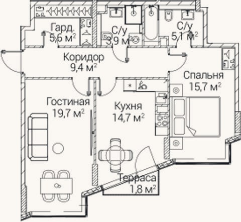 Планировка: 2-к, 72,9 м²