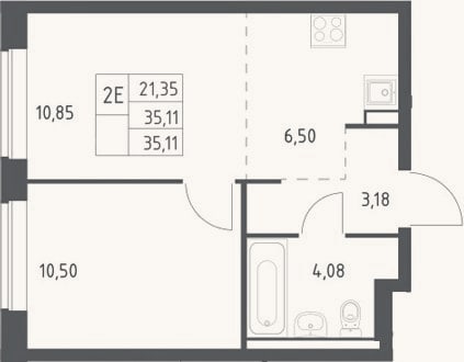 Планировка: 2-к, 35,1 м²