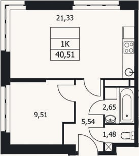 Планировка: 1-к, 40,5 м²