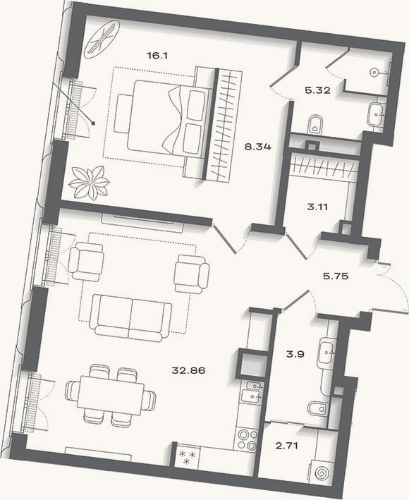 Планировка: 2-к, 83,3 м²