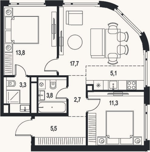 Планировка: 3-к, 63,2 м²