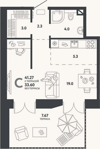 Планировка: Студия, 33,6 м²