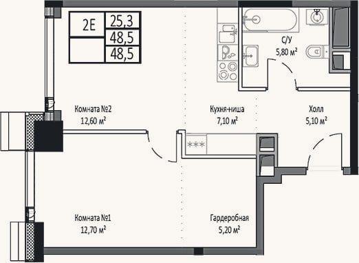 Планировка: 2-к, 48,5 м²