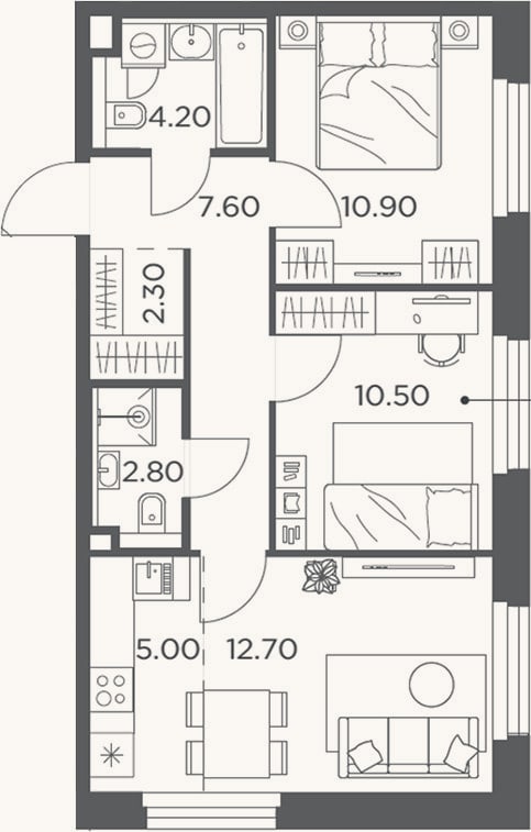 Планировка: 3-к, 56 м²