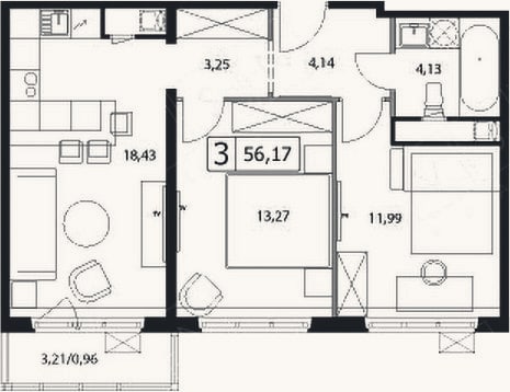 Планировка: 3-к, 55,2 м²
